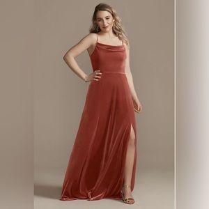 Cinnamon Velvet Cowl Neck Spaghetti Strap bridesmaid dress from David’s Bridal